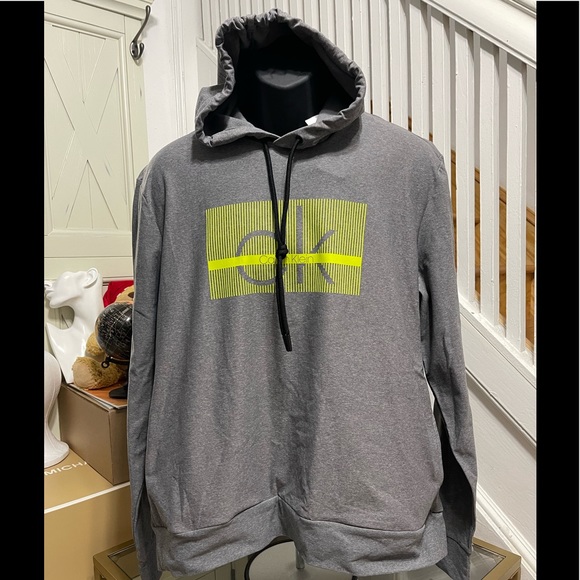 NWT Men’s Size Large Calvin Klein Linear Logo Print Drawstring Hoodie In Gray - Picture 4 of 11